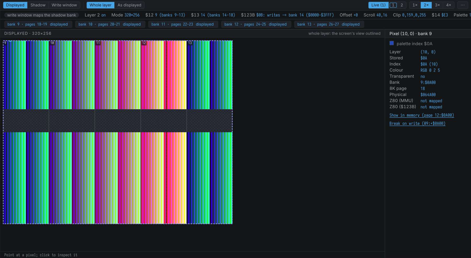 The Layer 2 Inspector: a 320×256 layer with its five banks outlined, a transparent band, and a pixel decoded in the rail