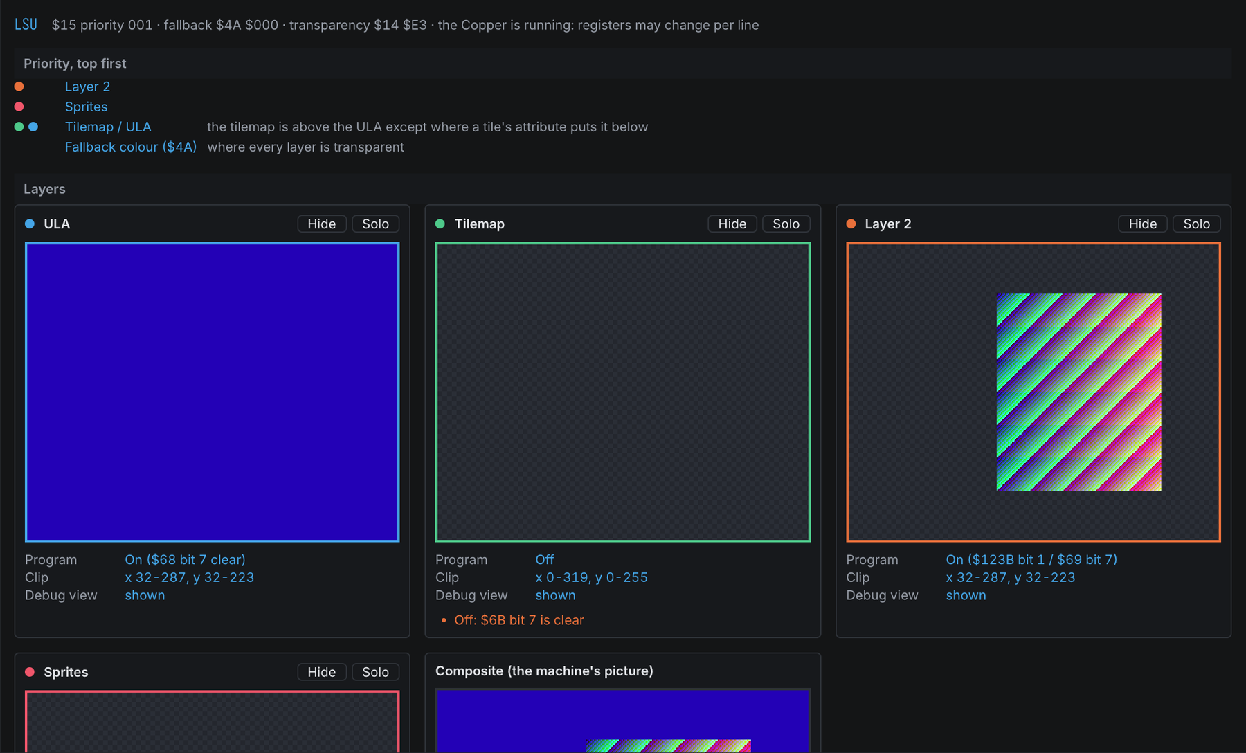 The Layers document: the priority stack, and a card per layer with its picture, state and clip window