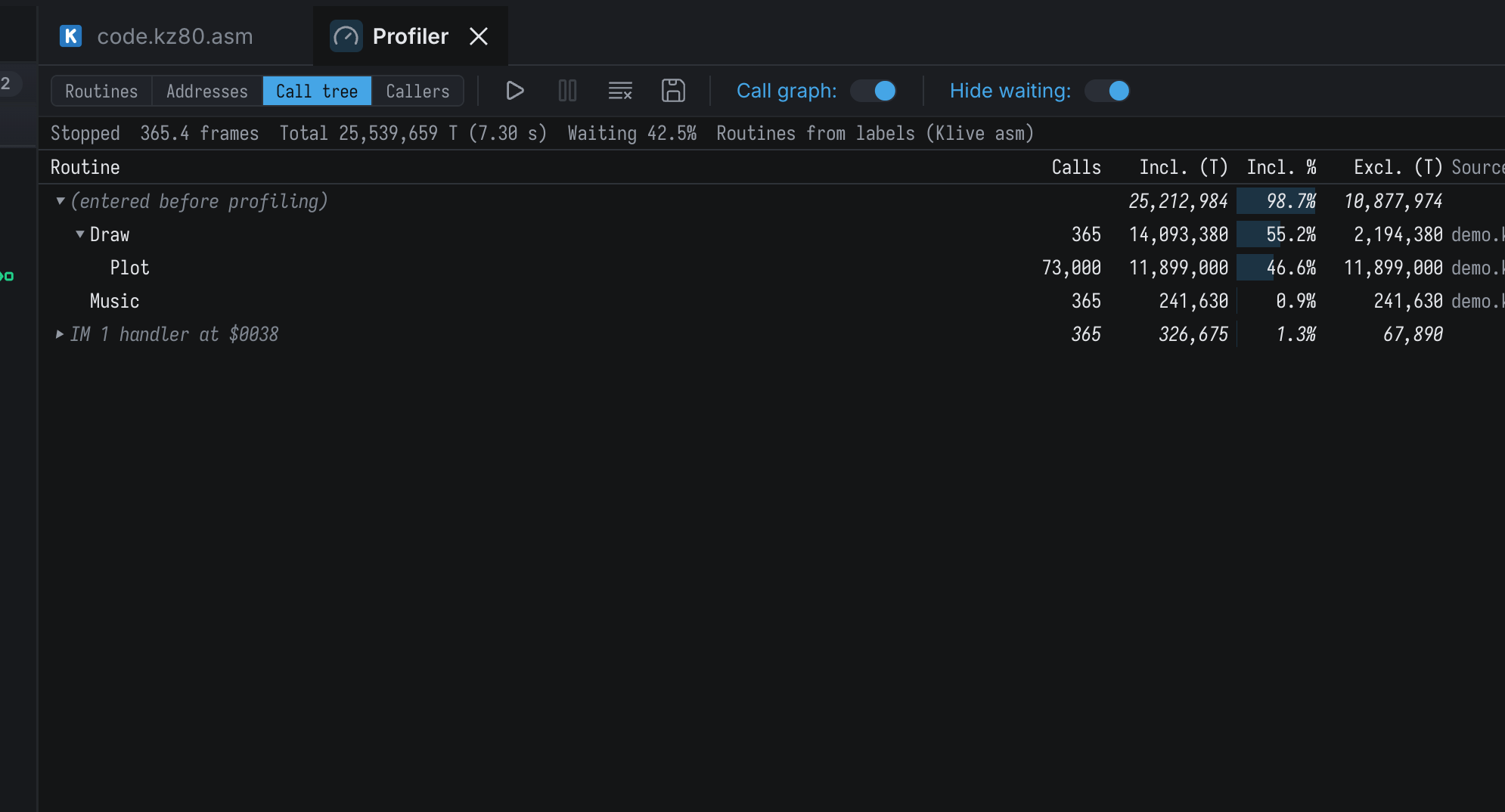 The Call tree tab of the Profiler