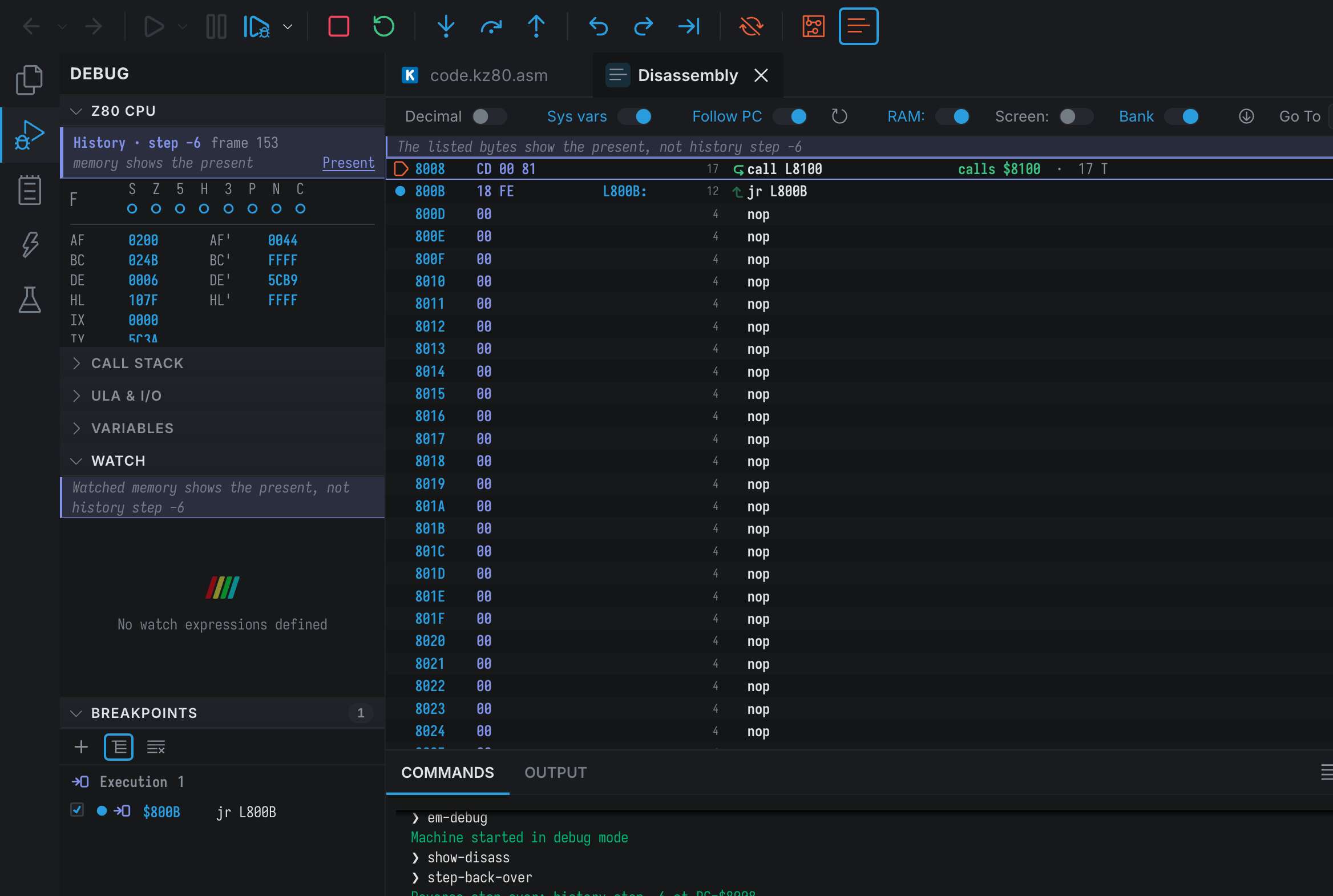 Reverse Step Over: the CPU panel shows history step −6, the disassembly outlines the CALL